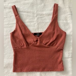 Lulu’s smocked cropped keyhole knit top, rusty rose, large